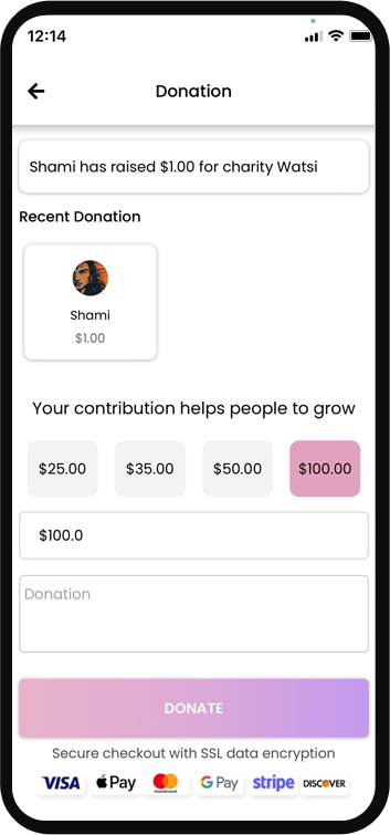 Tie-In app donation screen with charity giving options