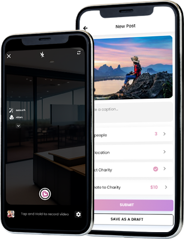 Tie-In app new post and donate-to-charity screen