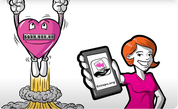 Animated illustration of the CSnap charity app experience